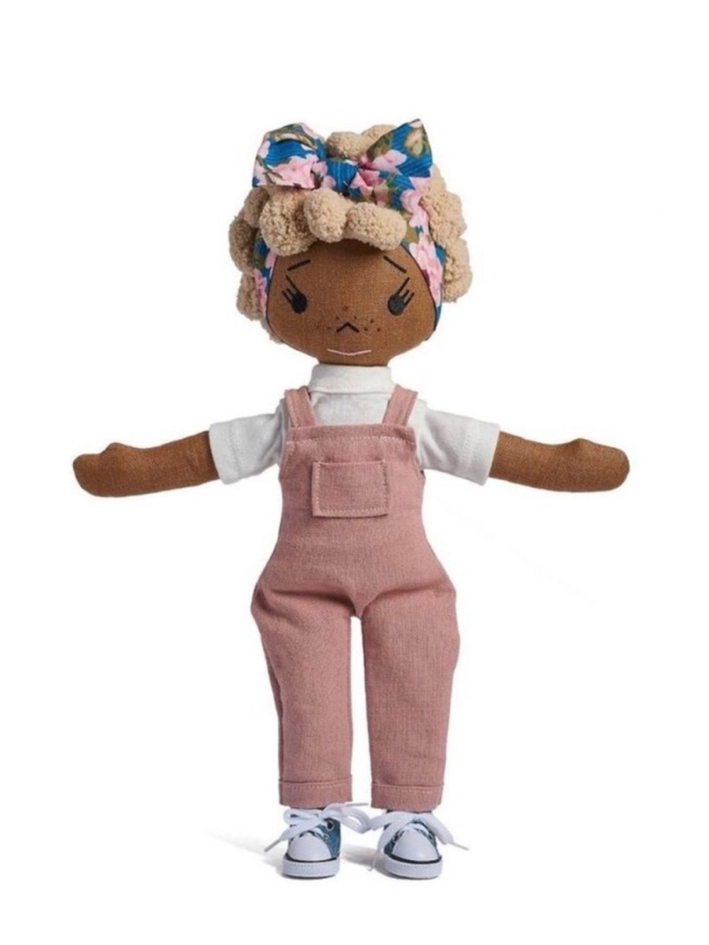 Soft Fabric Doll in Pink Overalls with Floral Headwrap